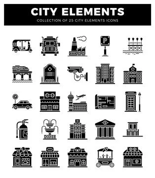 City elements collection icons featuring urban, Stock Illustration