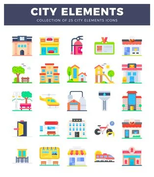 City Elements Collection icons include buildings. transport. and urban amen.. Illustrazione stock