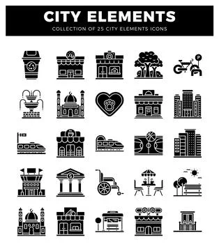 City elements collection icons trash can. bakery. camera shop. tree. bicycle Stock Illustration
