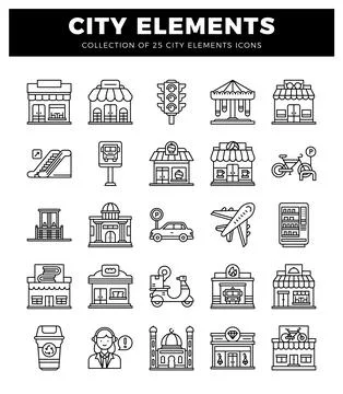 City elements collection icons on white background. Flat icons. Modern city.. Illustrazione stock