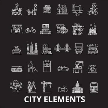 City elements editable line icons vector set on black background. City elements Ilustración de archivo
