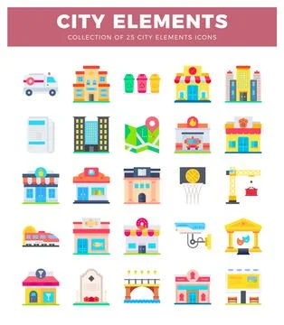 City elements flat icon collection with buildings and transport Stock Illustration