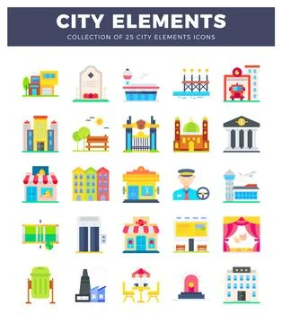 City elements flat icons collection on white Stock Illustration