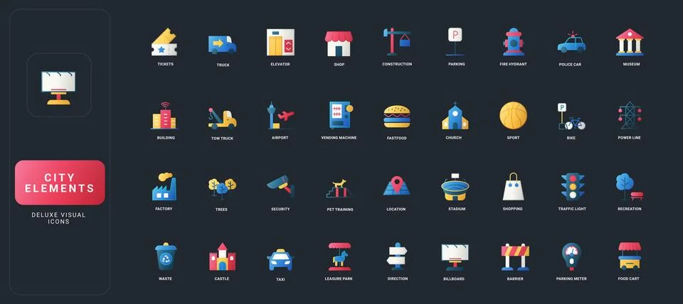 City Elements Flat Icons on Dark Background Ilustración de archivo