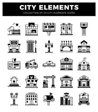 City elements flat icons showing urban infrastructure and services Stock Illustration
