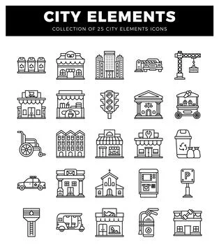 City elements icon collection in black and white Stock Illustration