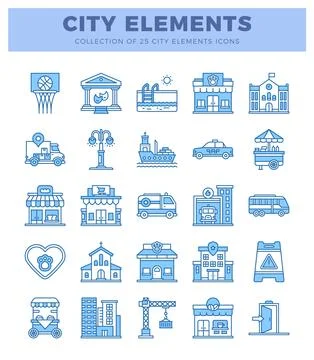 City elements icon collection with blue outline on white. Flat design. urba.. 스톡 일러스트