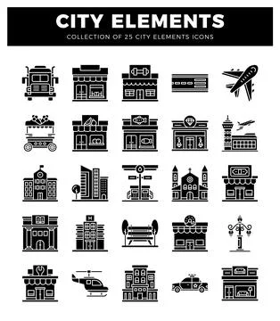 City Elements Icon Collection of Buildings and Vehicles Stock Illustration