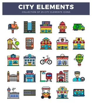 City elements icon collection with diverse urban infrastructure and services. Stock Illustration