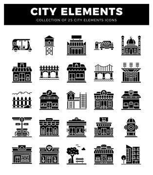 City elements icon collection featuring urban and suburban buildings. vehic.. Stock Illustration