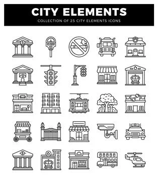 City elements icon collection. line art icons on white background. 스톡 일러스트