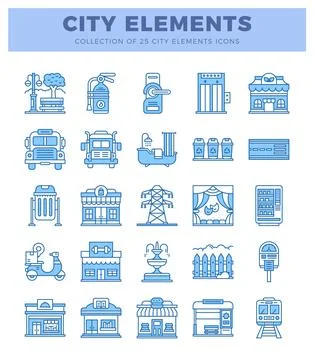 City elements icon set with 25 blue vector illustrations for urban design 스톡 일러스트