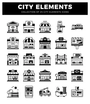 City elements icon set featuring buildings. vehicles. and amenities Stock Illustration