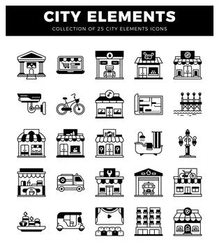 City elements. an icon set of urban buildings. transport. and services. Set.. Ilustración de archivo