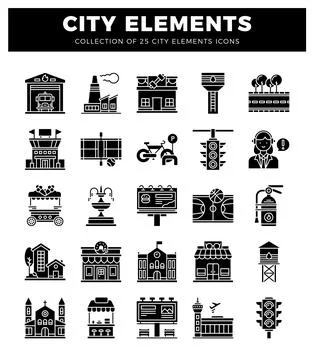 City elements icons. black and white. graphic design. city life. urban. ele.. イラスト素材