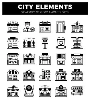 City elements icons in black and white Ilustración de archivo