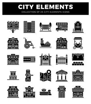 City elements icons on black background 스톡 일러스트