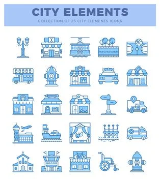 City elements icons in blue. featuring buildings. vehicles. and infrastructur Stock Illustration