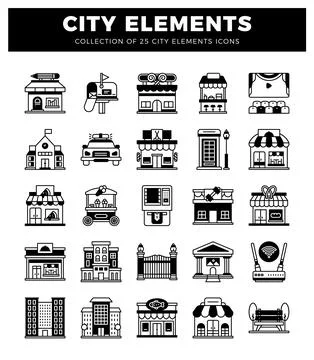 City elements icons buildings. transport. and services. icons. イラスト素材