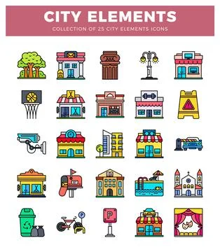 City elements icons with buildings. tree. street lamp. and transportation Illustrazione stock