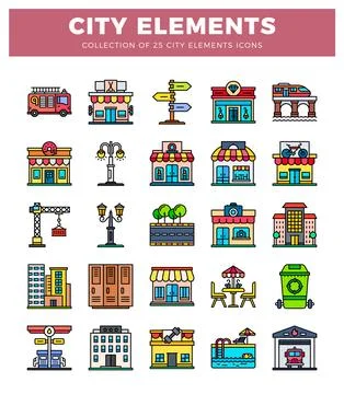 City elements icons collection with 25 urban building and vehicle illustratio 스톡 일러스트