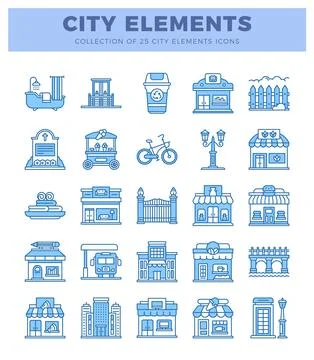 City Elements Icons Collection with 25 Urban Symbols. Modern graphic design.. 库存插图