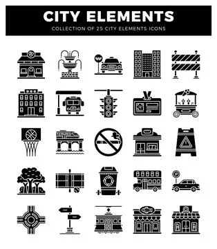 City elements icons collection in black and white. urban icons grid 库存插图