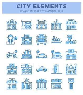 City elements icons collection with blue line art on white background. 스톡 일러스트