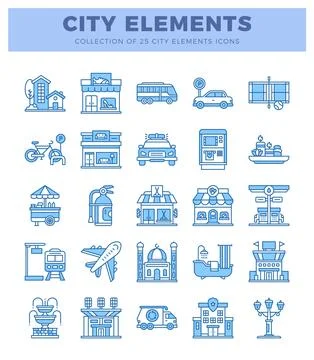 City elements icons collection in blue line art on white background Illustrazione stock