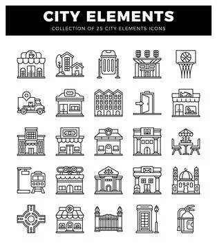 City elements icons collection diverse urban building and street scene illu.. Stock Illustration