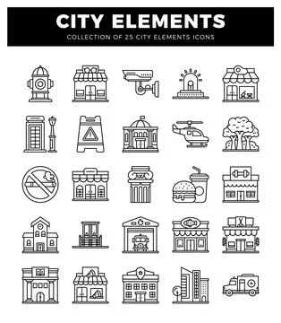 City elements icons collection with diverse urban symbols. Stock Illustration