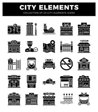 City elements icons collection. diverse urban graphics. 스톡 일러스트