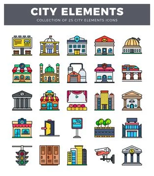 City elements icons collection with diverse buildings and transportation Stock Illustration