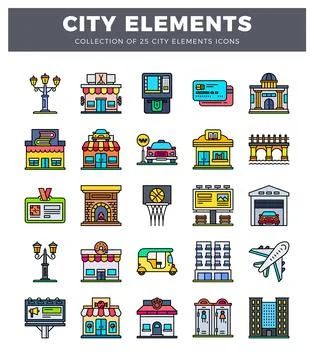 City elements icons collection featuring buildings. transport. and urban ob.. イラスト素材
