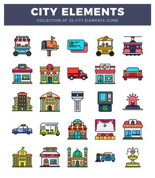 City elements icons collection featuring transportation. buildings. and ser.. 스톡 일러스트