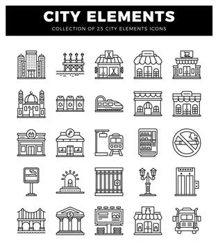 City elements icons collection featuring buildings. transport. and services. Ilustración de archivo