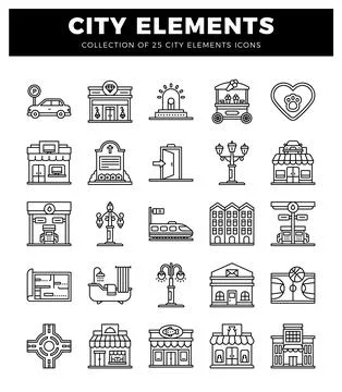 City elements icons collection featuring buildings. transportation. and ser.. Stock Illustration