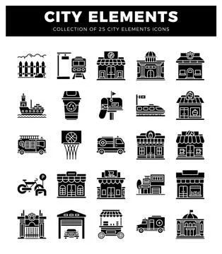 City elements icons collection featuring transportation. buildings. and ser.. Stock Illustration