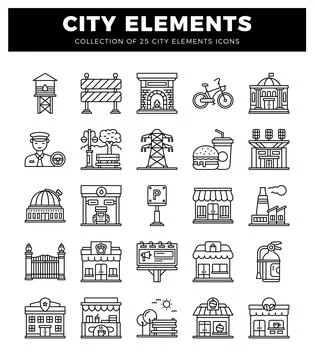 City elements icons collection featuring urban objects and buildings Illustrazione stock