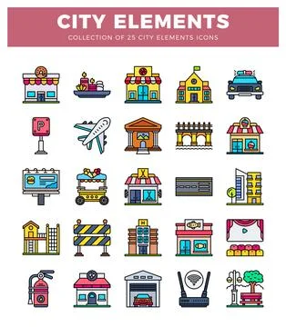 City elements icons collection in flat style 库存插图