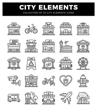City elements icons collection in a flat. outlined style on white background. 스톡 일러스트