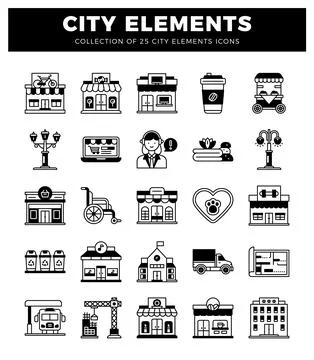 City elements icons collection. flat design. urban environment. modern grap.. Illustrazione stock