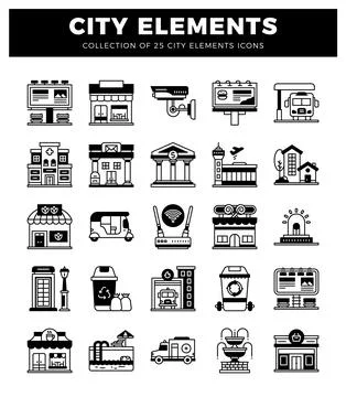 City elements icons collection flat black urban icons on white. イラスト素材