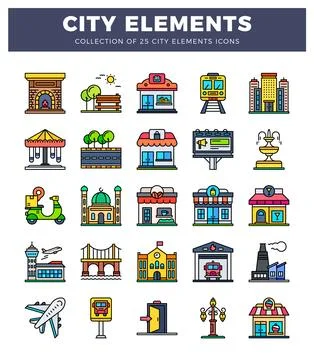 City elements icons collection in flat illustration style Stock Illustration