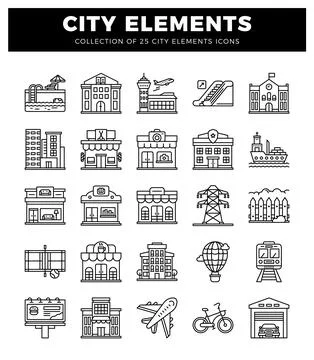 City elements icons collection including buildings. transport. and amenities Illustrazione stock
