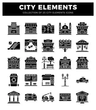 City elements icons collection including buildings. transport. and public a.. Stock Illustration