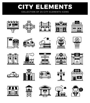 City elements icons collection. including transport and buildings. Stock Illustration