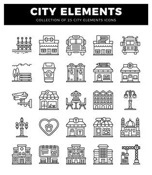 City elements icons collection in line art style with urban and public serv.. Stockillustratie