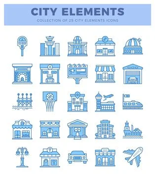 City elements icons collection with various buildings and transportation. Ilustración de archivo