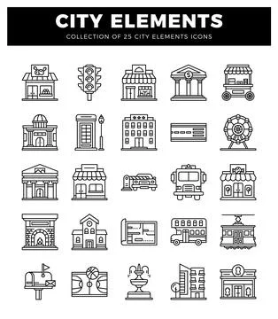 City elements icons collection on white background Stock Illustration